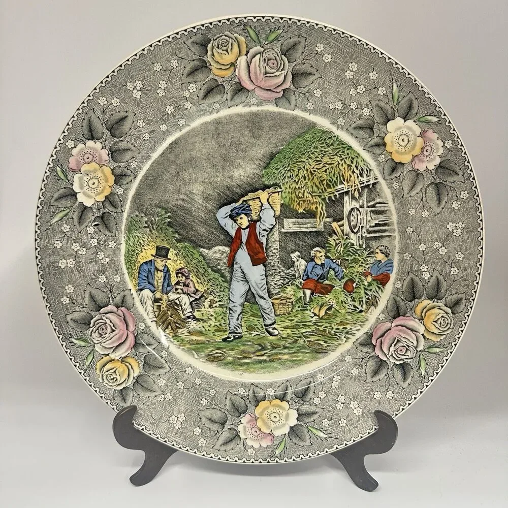 Vtg Adams Husking 10.5” Transferware Dinner Plate England Floral Farm Scene